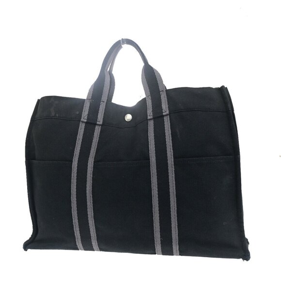 Auth HERMES Logo Fourre Tout MM Hand Tote Bag 100% Cotton Black SHW France - Picture 1 of 16